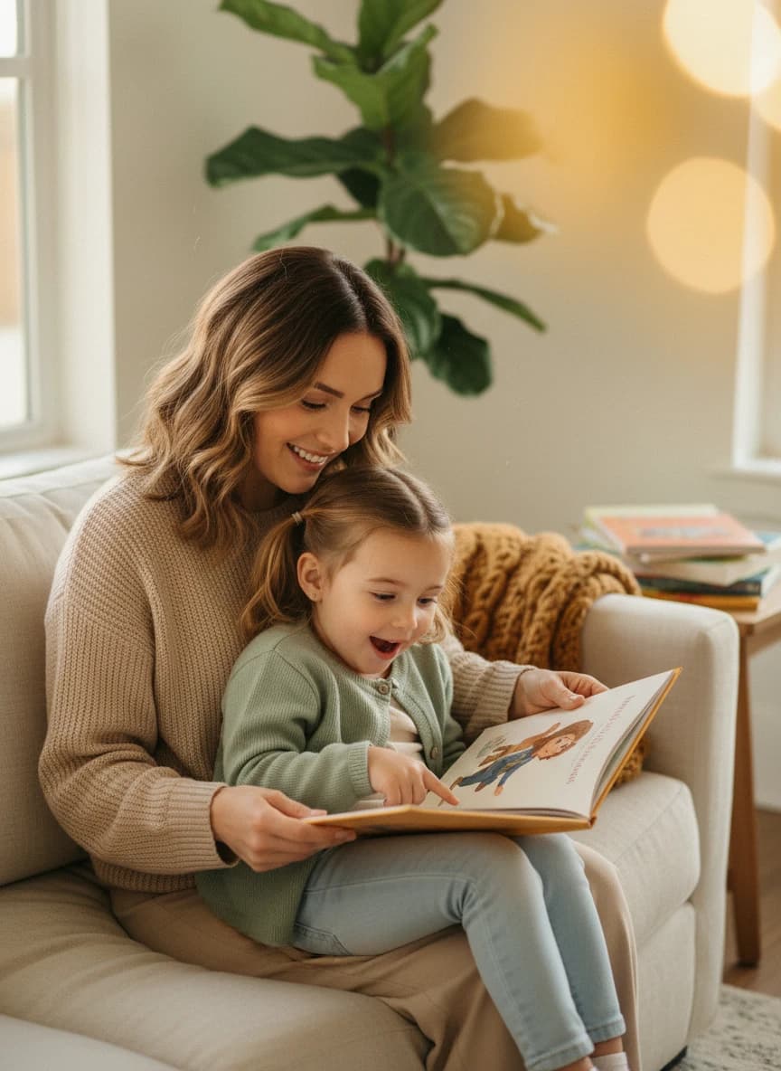 A mother and her young daughter on the sofa, the daughter beaming as she sees herself painted as the hero of her personalized TinyTalers storybook