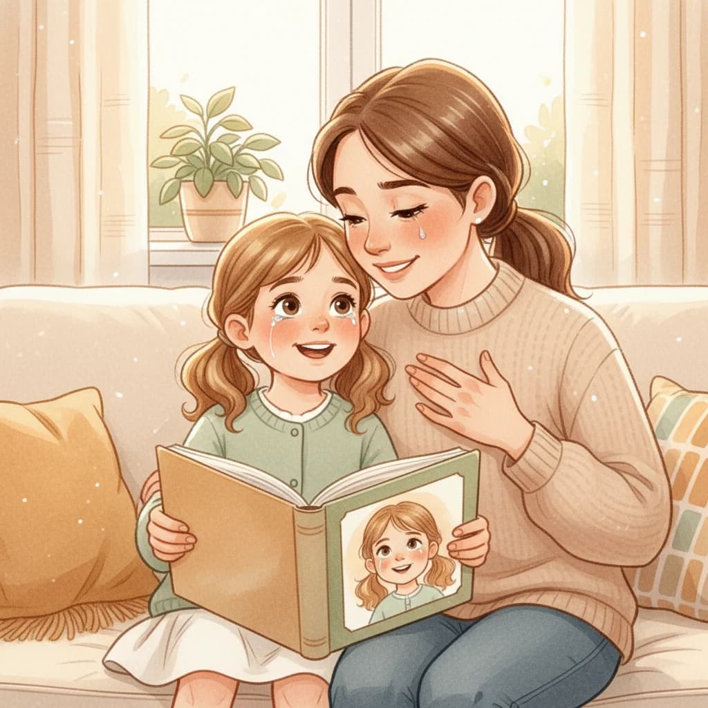 A mom and her daughter reading their personalized storybook together, both moved to tears of joy