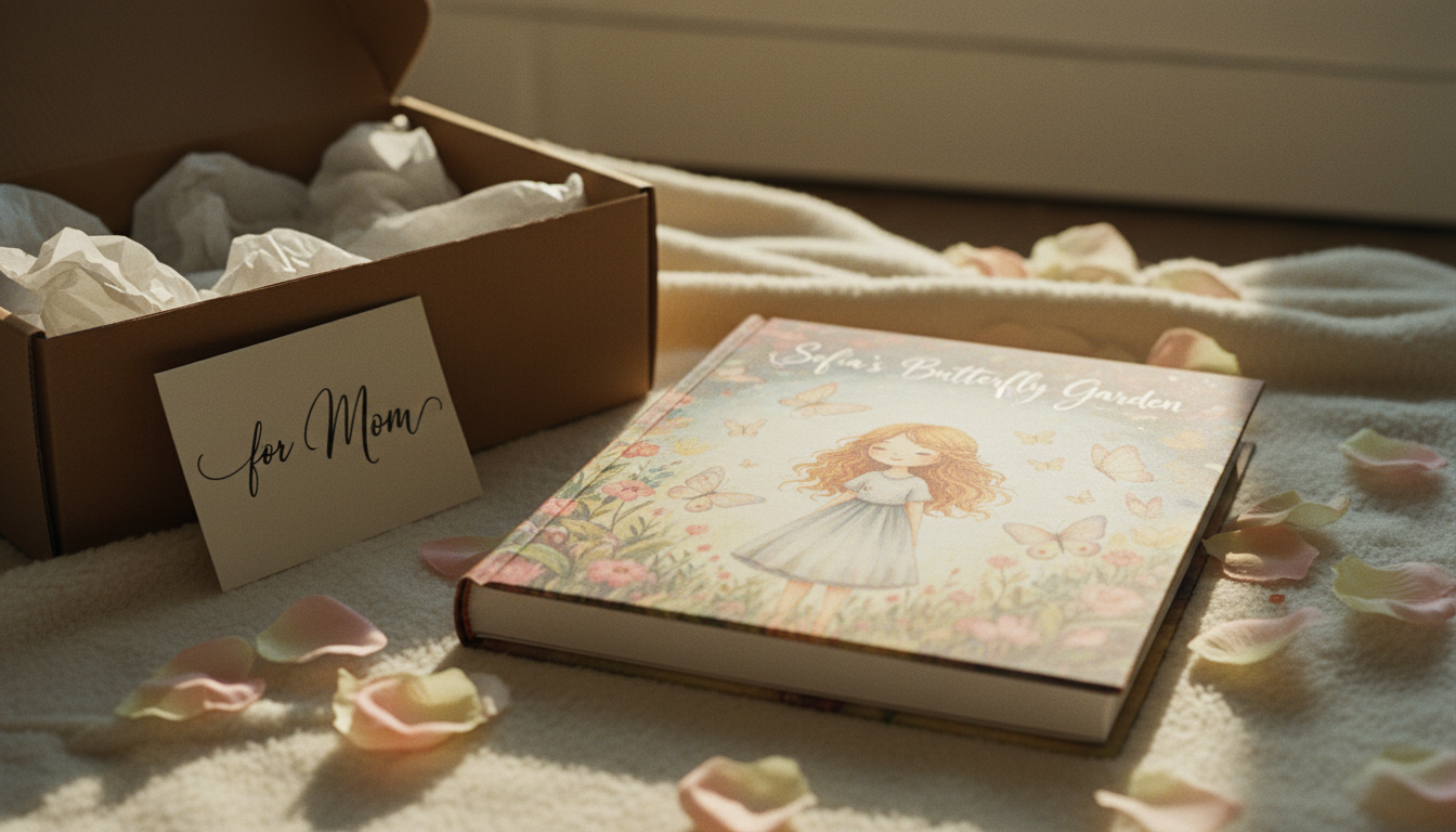 A TinyTalers hardcover storybook just delivered — lying on a cream blanket next to its gift box and a handwritten card saying 'for Mom'